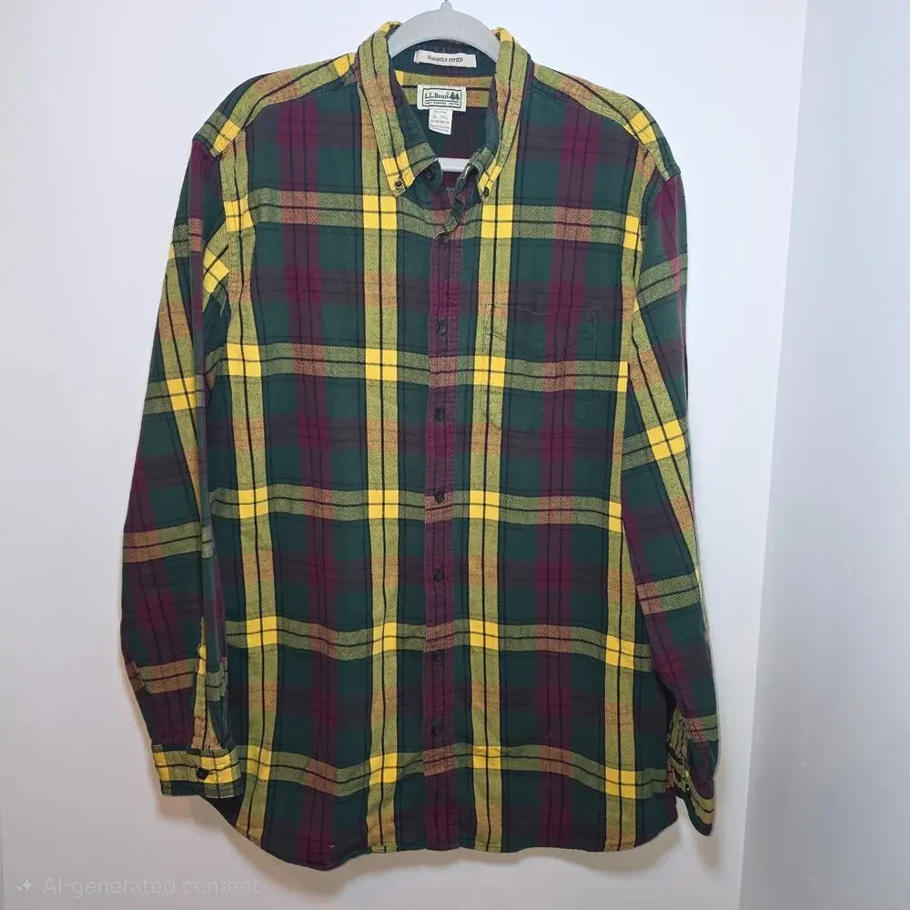 LL Bean Men’s XL Tall Yellow Red Green Scotch Plaid Slightly Fit Flannel Shirt